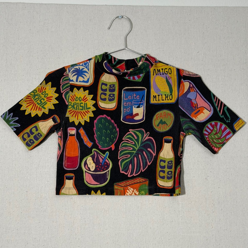 Farm Rio Crop Top Women Size P Black Multi Brazilian Graphic Print Mock Neck